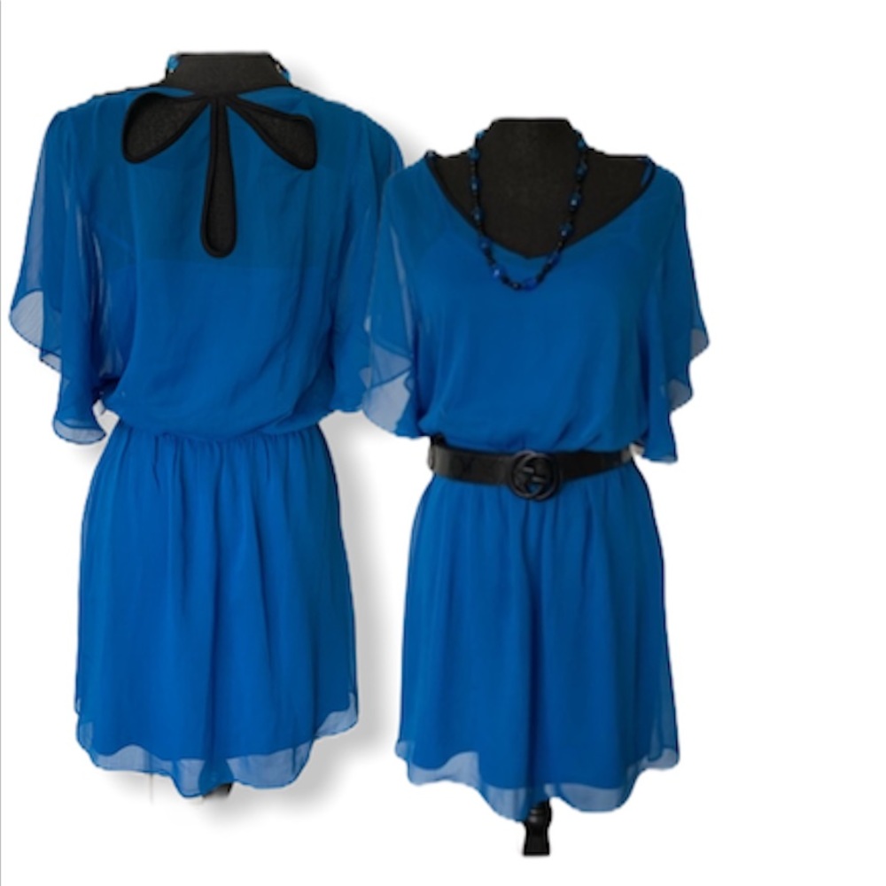 Express womens Summer dress open design back blue freestyle caped flowy new Med